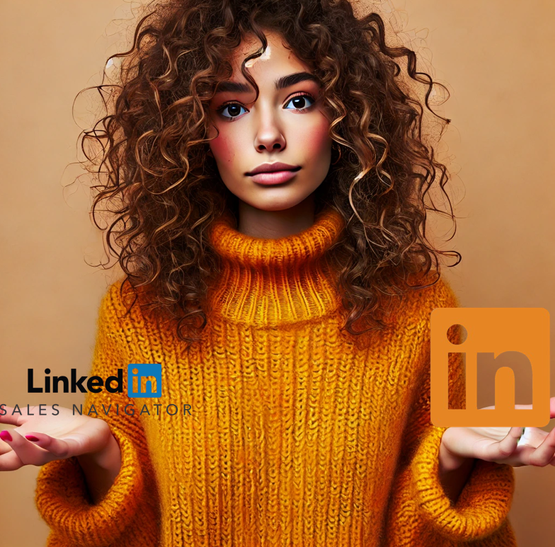 Young woman in a yellow sweater holding two LinkedIn logos, representing LinkedIn Sales Navigator and LinkedIn Premium options for professional networking and sales automation.